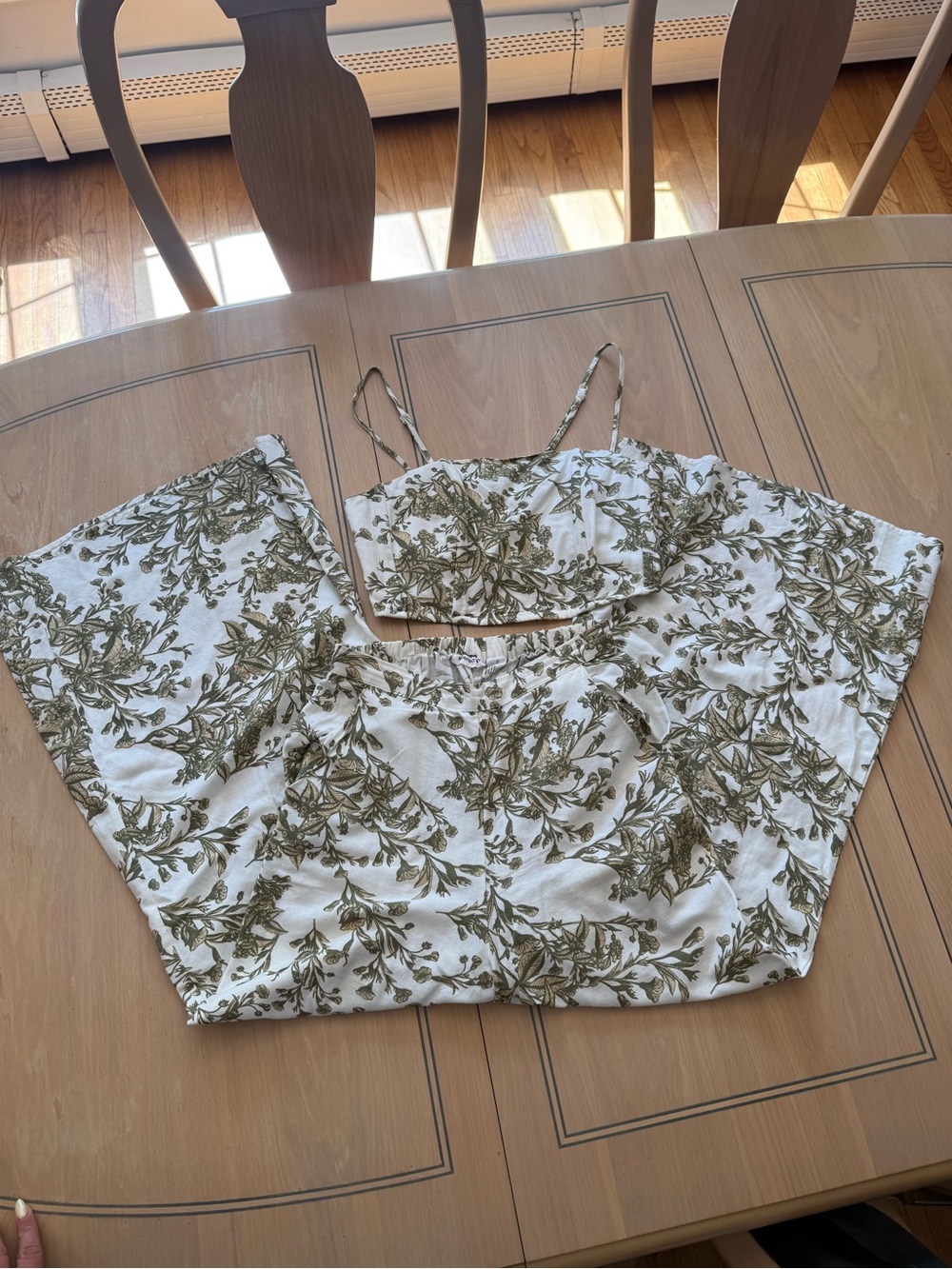 Women's Olive Floral Linen Crop Top and Wide-Leg Pant Set